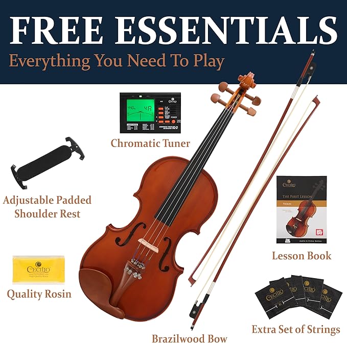 Cecilio 1/4 Size Natural Varnish Violin for Beginners, Hand-Carved Solid Spruce Top, Maple Back & Sides, Full Fiddle Kit with Hard Case, Bows, Rosin, Shoulder Rest, Lesson Book-CubbioJoy