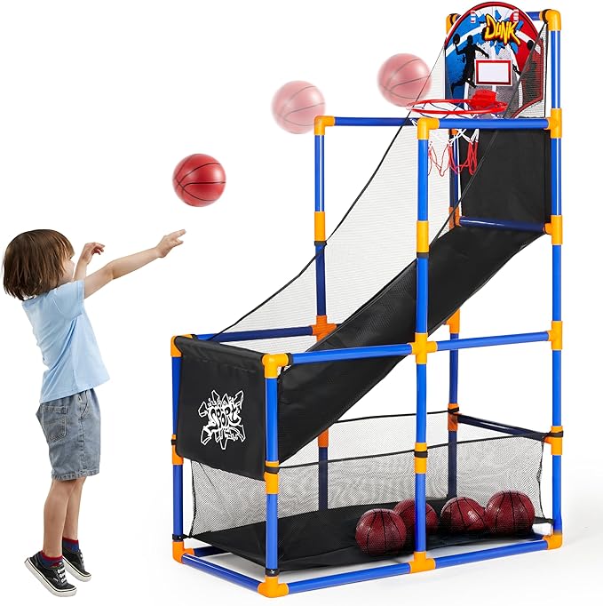 JOYIN Arcade Basketball Game Set with 4 Balls and Hoop for Kids 3 to 12 Years Old Indoor Outdoor Sport Play - Easy Set Up - Air Pump Included - Ideal for Competition-CubbioJoy
