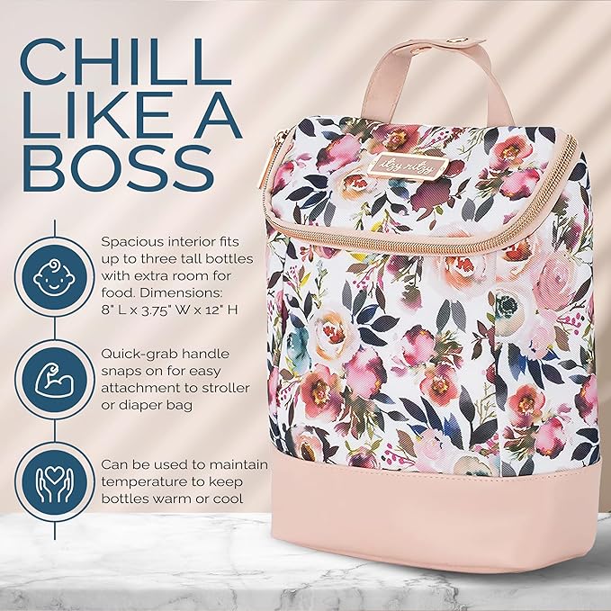 Itzy Ritzy Insulated Bottle Bag – Keeps Bottles Warm or Cool - Holds 3 Bottles & Features Interior Pocket for Ice Pack (Not Included), Blush Floral-CubbioJoy