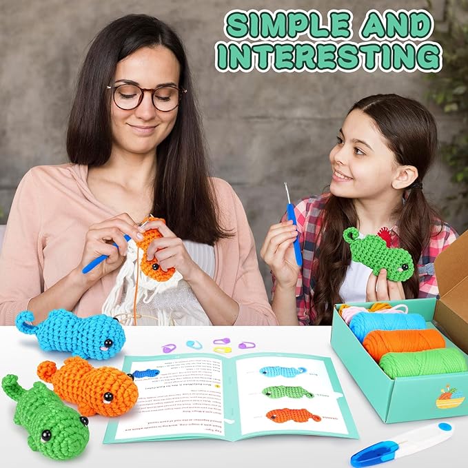 Crochet Kit for Beginners - 3 PCS Baby Chameleon Crochet Kits with Step-by-Step Video Tutorials, Beginner Crochet Kit for Adults Kids, Chameleon Crocheting Set (Orange&Blue&Green)-CubbioJoy