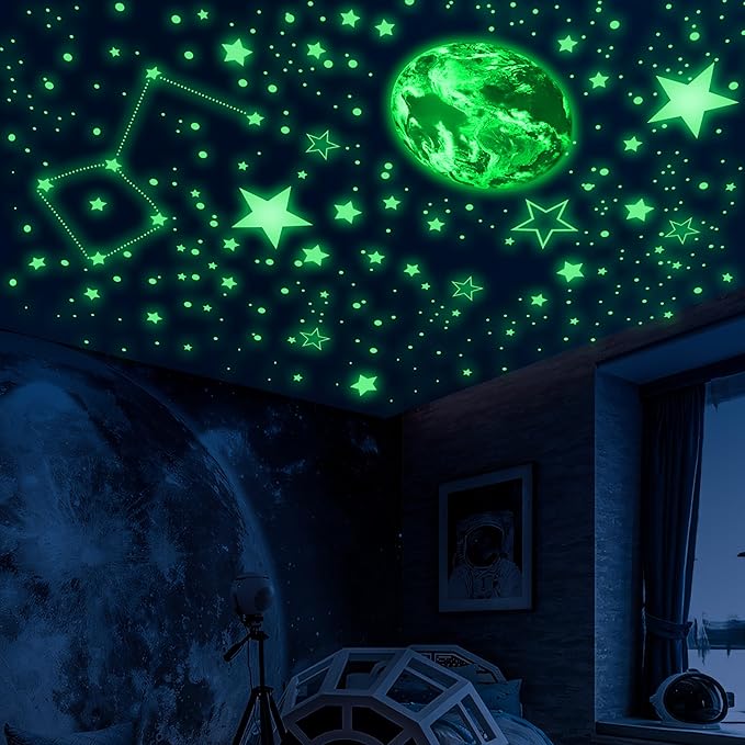 965 PCS Glow in The Dark Stars and Earth for Ceiling, Luminous Stars and Planet Wall Decals, Kids Room Decor, Glowing Galaxy Wall Stickers for Nursery Decorations (Green)-CubbioJoy