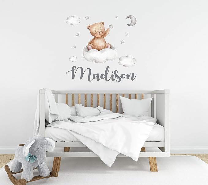 Custom Name Teddy Bear Nursery Wall Decal - Moon, Starts Clouds Watercolor Baby Room Decor for Boys & Girls - Teddy Bear Wall Stickers - Personalized Name Wall Sticker for Nursery playroom-CubbioJoy