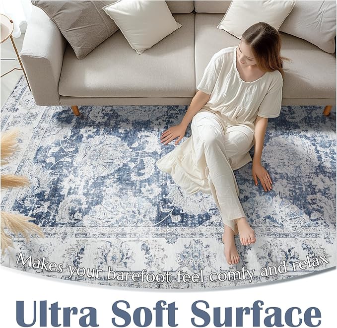 jinchan Runner Rug 2x6 Washable Hallway Runner - Vintage Floral Non Slip Low-Pile Soft Thin Kitchen Rug Distressed Carpet for Farmhouse Bedroom Entryway Laundry Room(2x6ft,Dark Blue)-CubbioJoy