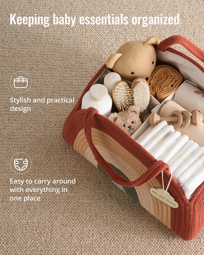Blissful Diary Baby Diaper Caddy Organizer, Cotton Rope Diaper Caddy Basket, Large Storage Basket, Gift for Baby Shower, Newborn Essentials, Rustic Rainbow-CubbioJoy