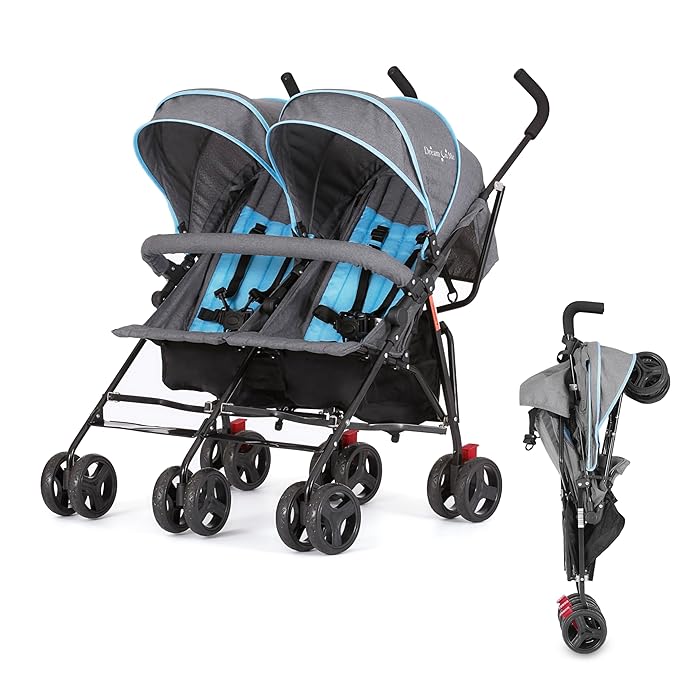 Dream On Me Volgo Twin Umbrella Stroller in Blue, Lightweight Double Stroller for Infant & Toddler, Compact Easy Fold, Large Storage Basket, Large and Adjustable Canopy-CubbioJoy