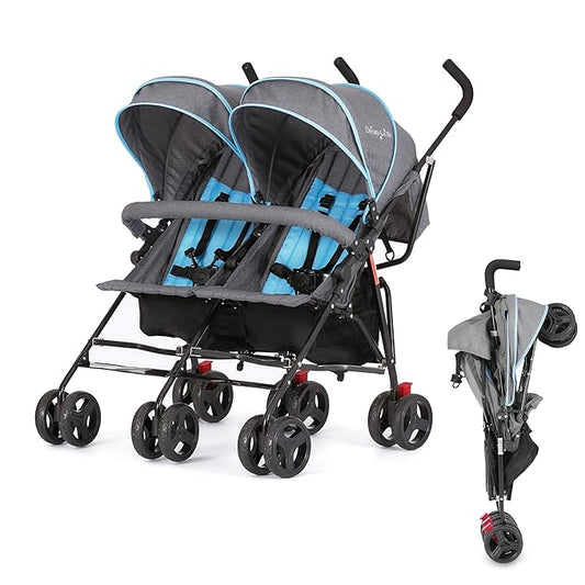Dream On Me Volgo Twin Umbrella Stroller in Blue, Lightweight Double Stroller for Infant & Toddler, Compact Easy Fold, Large Storage Basket, Large and Adjustable Canopy-CubbioJoy