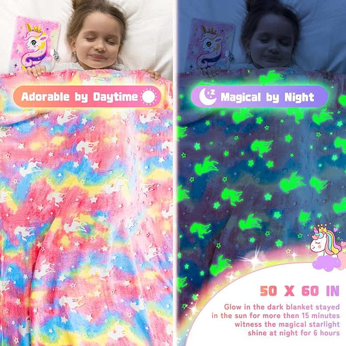13PCS Unicorns Gifts for Girls Kids Toys 3 4 5 6 7 8 9 10 Years Old with Stationery Plush Diary with Lock/Glowing Blanket/Eye Mask/Crossbody Bag Teen Girl Birthday Christmas Unicorn Toy-CubbioJoy