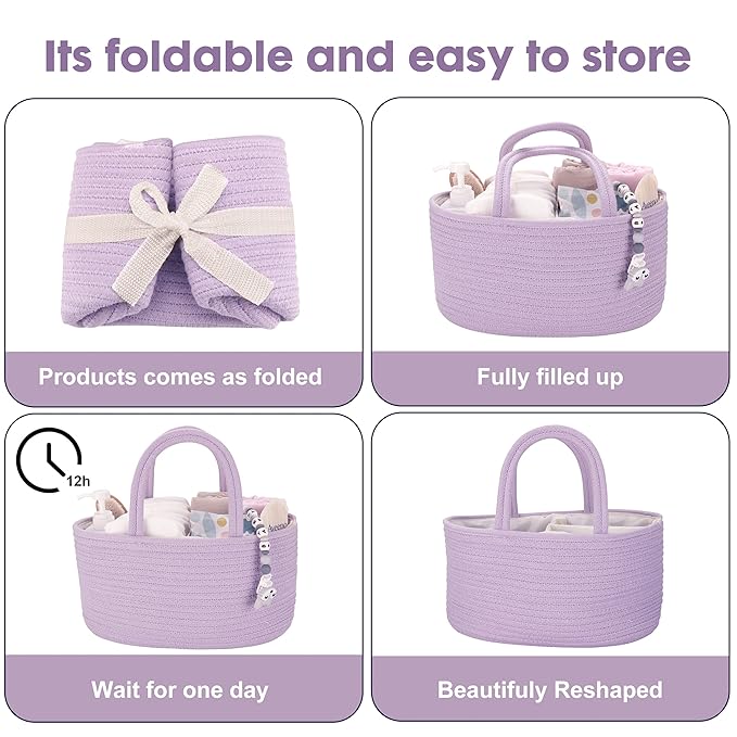 Baby Diaper Caddy Organizer Cotton Rope Nursery Storage Bin Basket Portable Holder Tote Bag for Changing Table Car Travel Baby Shower Gifts Newborn Essentials Registry Must Have Purple or Lavender-CubbioJoy