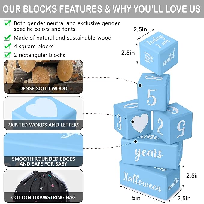 Blue Baby Monthly Milestone Blocks. Baby Age Blocks for Girl or Boy Baby Photo Props and Baby Shower. Month Baby Milestone Blocks with Grammatically Correct Month and Year-CubbioJoy