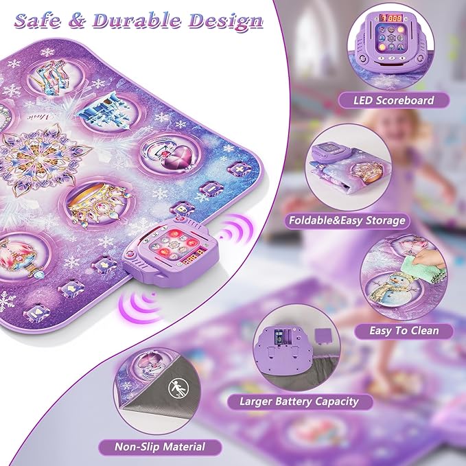 Dance Mat Toy for 3-12 Year Old Girls, Electronic Dance Pad with Wireless Bluetooth,Frozen 8-Button Music Princess Toys Play Mat for Kids with LED Light, Built-in Music, Toddlers Birthday Gift Ages 3+-CubbioJoy