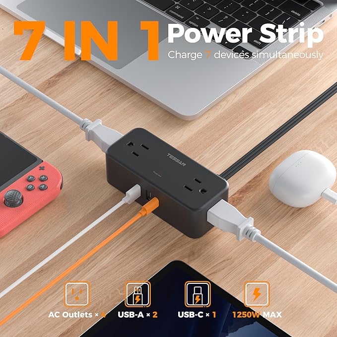 Black Extension Cord 10 Ft, TESSAN Power Strips with Surge Protection 900J with 4 Wide Spaced AC Outlets 3 USB Ports(1 USB C), Extension Cord with Multiple Outlets for Home Office Dorm Room-CubbioJoy