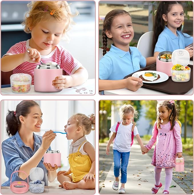 2-in-1 Insulated Food Jar & Snack Container - 15oz Kids Soup Thermos for Hot Food with Handle and Spoon, Leak Proof Reusable Toddler Snack Box, Perfect for School & Travel, Pink-CubbioJoy