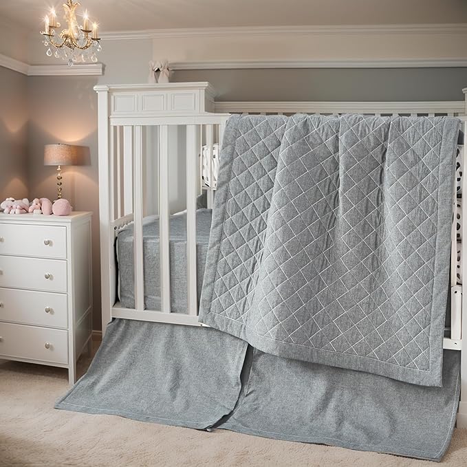 Brandream Gender Neutral Baby Crib Bedding Set 3 Pieces 100% Cotton Like Linen Supersoft Classic Quilted Plaid Design Boho Bohemian Farmhouse Chic Nursery Decor (Gray)-CubbioJoy