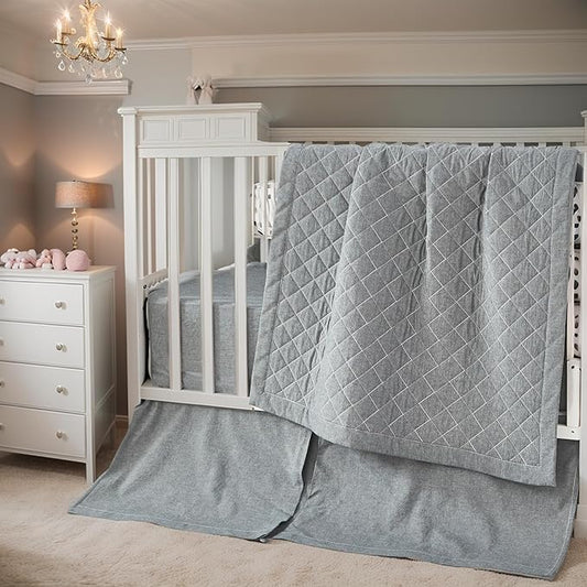 Brandream Gender Neutral Baby Crib Bedding Set 3 Pieces 100% Cotton Like Linen Supersoft Classic Quilted Plaid Design Boho Bohemian Farmhouse Chic Nursery Decor (Gray)-CubbioJoy