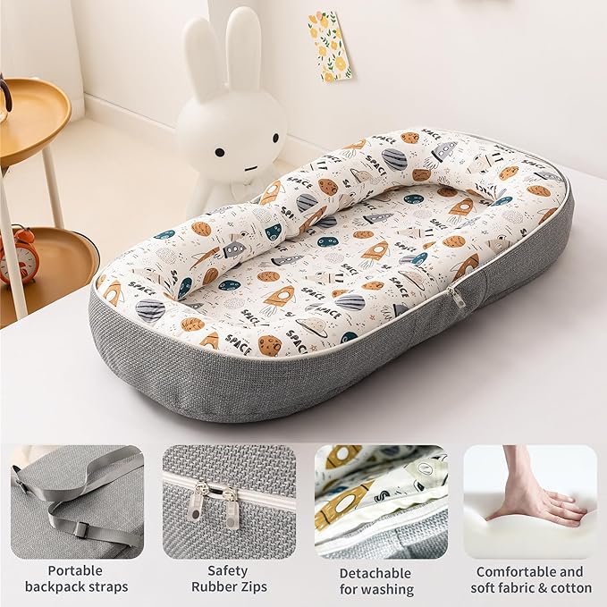 Baby Lounger, Foldable Infant Nest with Soft Memory Foam Mat, Cover with Adorable Pattern, Converts to Backpack for Easy Travel, 0-12 Months, Rocket-CubbioJoy