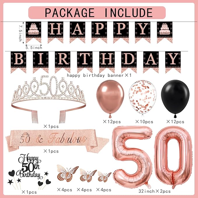 50th Birthday Decorations for Women - 56pcs Rose Gold Happy 50th Banner, 50th Birthday Crown Sash, Cake Topper, Number 50 balloons, 3D Butterflies, 4 Balloon Stands kits-CubbioJoy