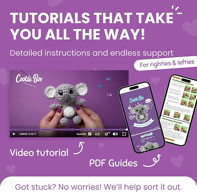 Cookie Box Crochet Kit for Beginners - Learn to Craft Amigurumi Stuffed Animals - Knitting Gift for Kids and Adults - Beginner-Friendly Yarn - Stitch-by-Stitch Video Tutorial - Koala Coal-CubbioJoy