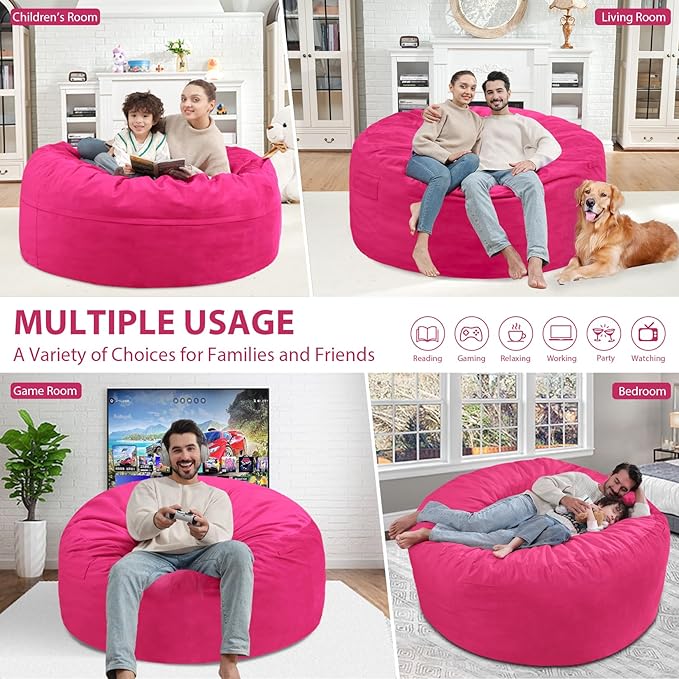 4FT Bean Bag Chair, Large Bean Bag Chairs with Memory Foam Filled, Fluffy Beanbag Sofa with Dutch Velvet Cover, Round BeanBag Chairs for Living Room, Playroom - Pink-CubbioJoy