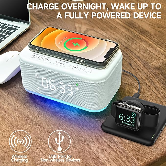 Alarm Clock Speaker Wireless Charger, Digital Alarm Clocks Bedrooms Bluetooth, Alarm Clock Dimmable Light Bedrooms Dual Alarm Snooze Dimmer 12 24H RGB Night Light Bluetooth USB AUX, White-CubbioJoy