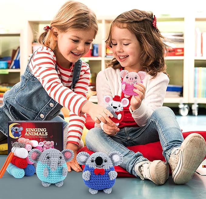 Crochet Kit for Beginners - 4 PCS Crochet Starter Kit with Step-by-Step Video Tutorials, for Adults Kids - Elephant Mouse Pig Koala Microphone Crocheting Set-CubbioJoy