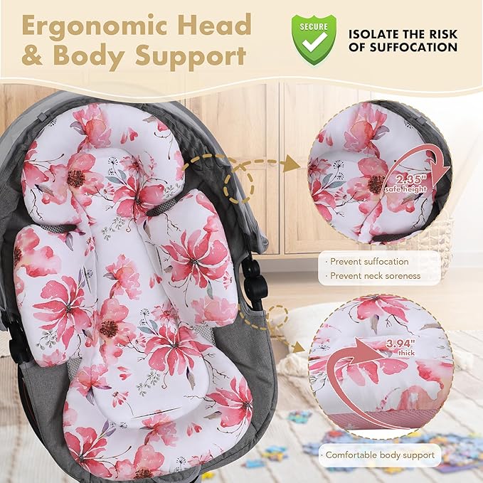 Infant Car Seat Insert, 2-in-1 Head & Body Carseat Support for Baby Newborn Toddler with Strap Covers, Reversible Ultra-Soft Cushion for Baby Carseat, Stroller, Swing & Bouncer-CubbioJoy