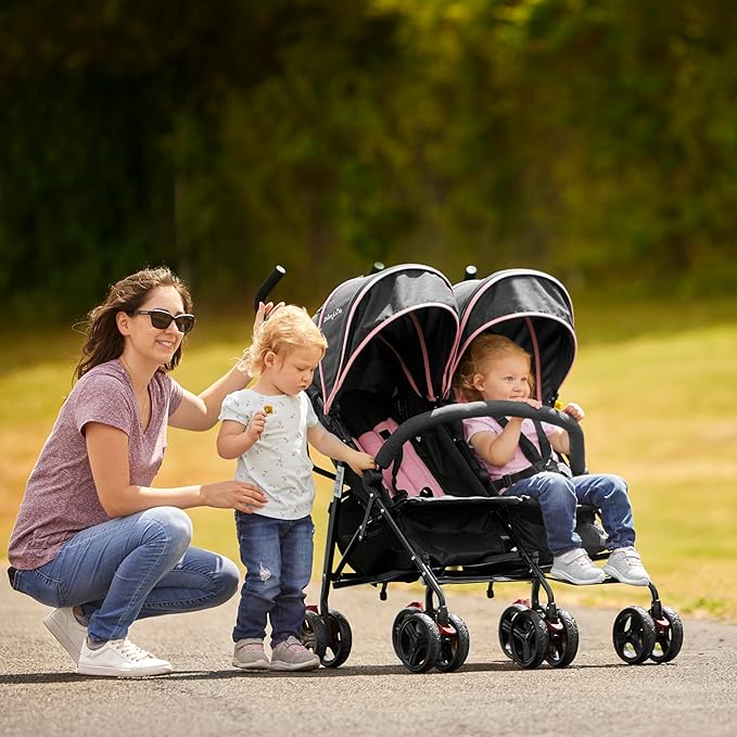 Dream On Me Volgo Twin Umbrella Stroller in Pink, Lightweight Double Stroller for Infant & Toddler, Compact Easy Fold, Large Storage Basket, Large and Adjustable Canopy-CubbioJoy