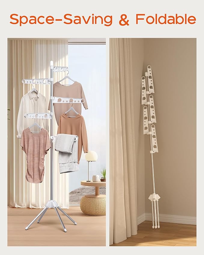 Clothes Drying Rack Foldable, 70.9 inch Tripod Drying Rack for 35 Pieces of Clothes, with Height-Adjustable Rotatable Clothes Rails, Space Saving, Stainless Steel, White and Silver CDR005W01-CubbioJoy