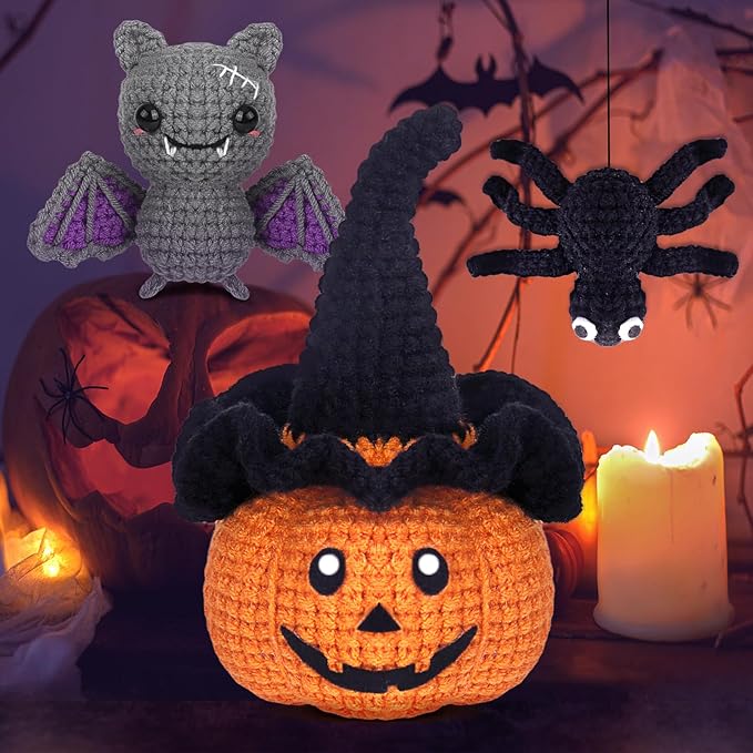 Crochetta Crochet Kit for Beginners, Halloween Decorations, Pumpkin Spider Bat Crochet Animal Kit for Adults and Kids with Step-by-Step Video Tutorials, DIY Knitting(40%+ Yarn)-CubbioJoy