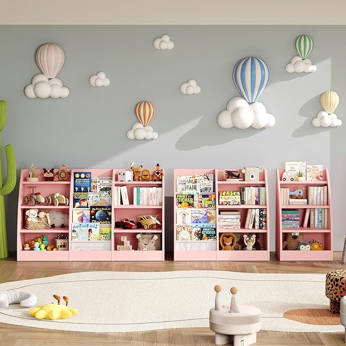 4 Tier Kids Bookshelf,4 Layer Sling Kids Book Shelf for Kids Rooms,Wood Children Bookcase,Baby Storage Book Rack,Toddler Bookshelf, Book and Toy Organizer,Book Display Shelf for Bedroom, Nursery-CubbioJoy