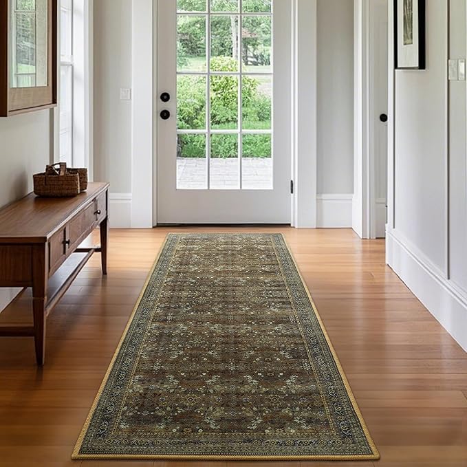 2x6 Washable Kitchen Runner Rug for Hallways, Non Slip Laundry Runners for Bathroom, Low Pile Rubber Backed Rugs for Entryway, Vintage Floral Carpet for Living Room Bedroom Brown/Yellow-CubbioJoy