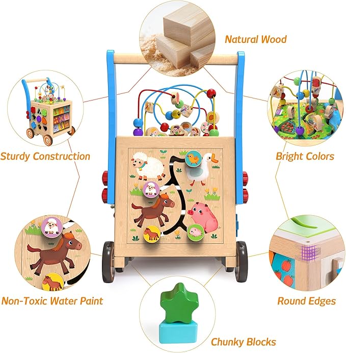 9-in-1 Wooden Activity Cube | Wooden Baby Walker, Sit-to-Stand Learning Walker Activity Center, Early Educational Push & Pull Toys for Baby Toddler Boys Girls, Height & Brake Adjustable-CubbioJoy