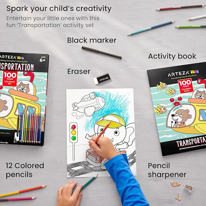 ARTEZA Kids Coloring Book and Colored Pencils Set, Transportation Illustrations, 50 Double-Sided Sheets, 100lb Paper-CubbioJoy