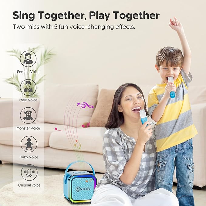 Contixo KS1A Kids Mini Karaoke Machine with LED Lights, 7–10H Playback, Dual Wireless Mics, Magic Voice Effects, Bluetooth Speaker for Children, Portable Singing Toy Gift for Boys & Girls, Blue-CubbioJoy
