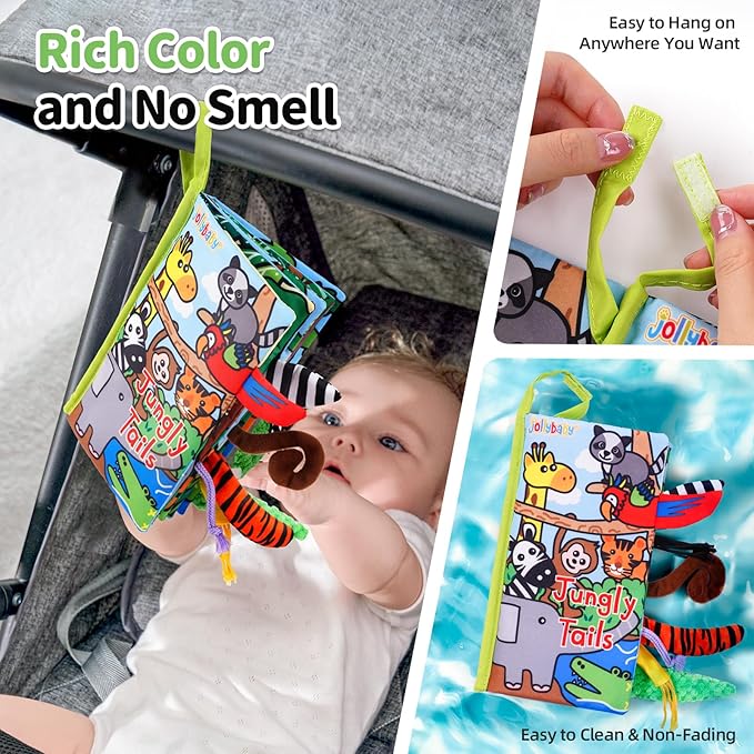 Jollybaby Crinkle Books for Babies, Sensory Soft Touch and Feel Baby Toys for 0-6 Months Infants, Newborn Montessori Early Educational Cloth Toys, Baby Girl & Boy Gift(Jungle Tails)-CubbioJoy