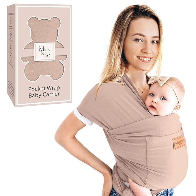 Baby Wrap Carrier - Premium Cotton Baby Carrier Wrap for Newborn to Toddler- Infant Carrier- Baby Holder One Size Fits All with Front Pocket(Beige) by Max&so-CubbioJoy