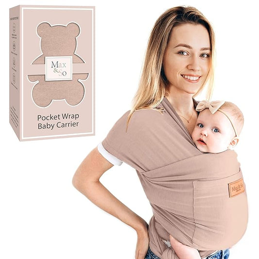 Baby Wrap Carrier - Premium Cotton Baby Carrier Wrap for Newborn to Toddler- Infant Carrier- Baby Holder One Size Fits All with Front Pocket(Beige) by Max&so-CubbioJoy