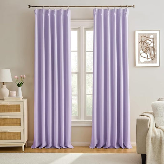 KEQIAOSUOCAI Lilac Blackout Curtain Drapes Pleated with Hooks,Thermal Insulated Solid Drapes Light Blocking Window Treatment for Bedroom Living Room(Lavender, 2 Panels, W40 x L102)-CubbioJoy