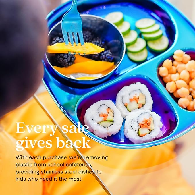 Ahimsa Stainless Steel Kids Dinnerware Set - 5 Piece Stainless Steel Toddler Plates and Bowls Set, Pediatrician Designed, Plastic Free Toddler Plate and Bowl, Kids Utensils and Cup (Blue)-CubbioJoy