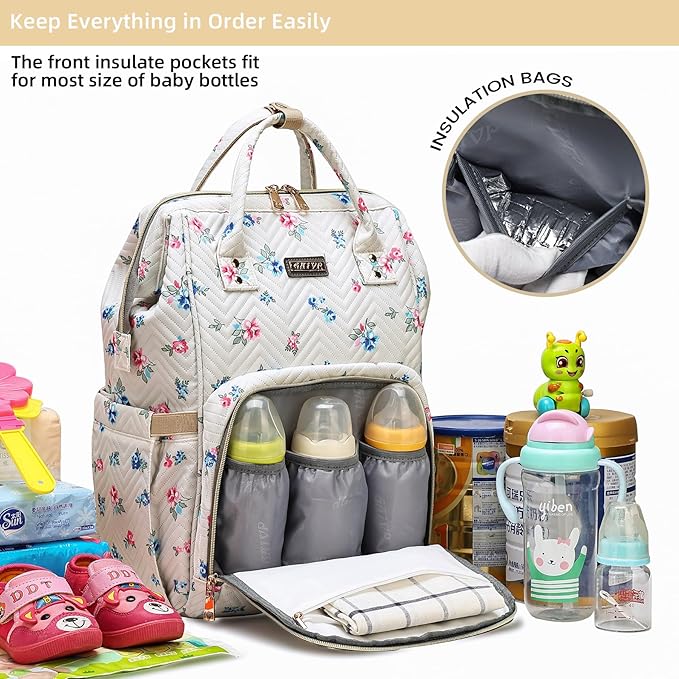 Diaper Bag Backpack, Diaper Bags for Baby Girls Boys, Baby Bags for Moms Dads, Nappy Changing Bag with Insulated Pockets,Multi-functional Waterproof Backpack with Stroller straps-Beige Flowers-CubbioJoy