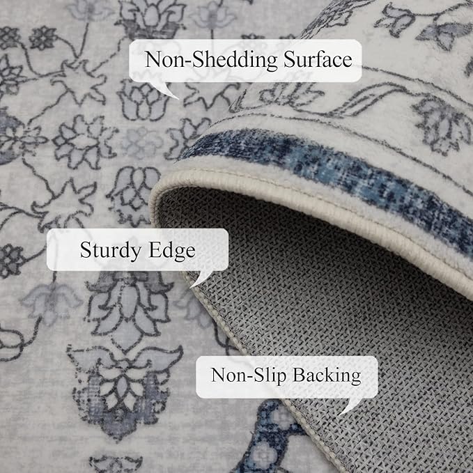 9x12 Area Rug Living Room Rugs, Stain Resistant Washable Rug, Vintage Large Non-Slip Backing, Low Pile Lightweight Print Rug for Bedroom Dinning Room Home Office (Grey/Blue)-CubbioJoy