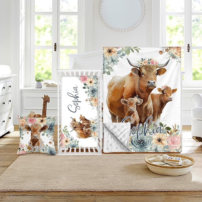 Custom Crib Bedding Set - Highland Cow Design Personalized Name Baby Nursery Bed 3 Pcs Set - Chic Soft Blanket with Dotted Backing, Sheet, Pillowcase for Newborn Girls Boys Gifts Color03-CubbioJoy