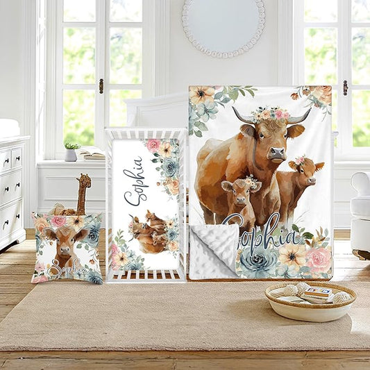 Custom Crib Bedding Set - Highland Cow Design Personalized Name Baby Nursery Bed 3 Pcs Set - Chic Soft Blanket with Dotted Backing, Sheet, Pillowcase for Newborn Girls Boys Gifts Color03-CubbioJoy