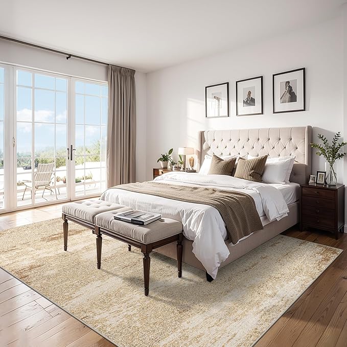 Area Rugs Living Room Rug - 5x7 Washable Modern Abstract Soft Neutral Non-Slip Carpet Large Indoor Floor Stain Resistant Thin Carpets for Bedroom Dining Room Farmhouse Nursery Home Office Beige-CubbioJoy