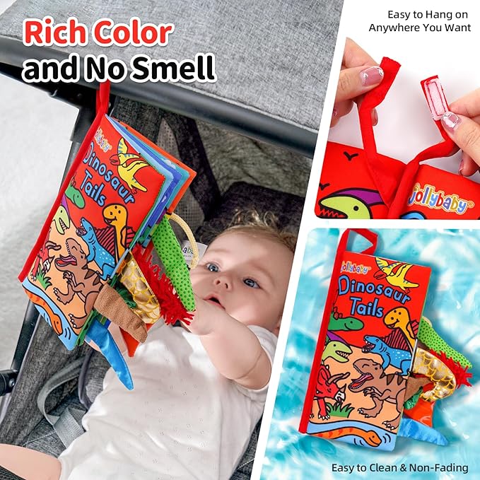Jollybaby Baby Books 0-6 Months, Touch and Feel Crinkle Soft Cloth Books for Infants Babies, Toddler Early Educational Interactive Stroller Sensory Toys, Baby Girl & Boy Gift(Dinosaur Tails)-CubbioJoy