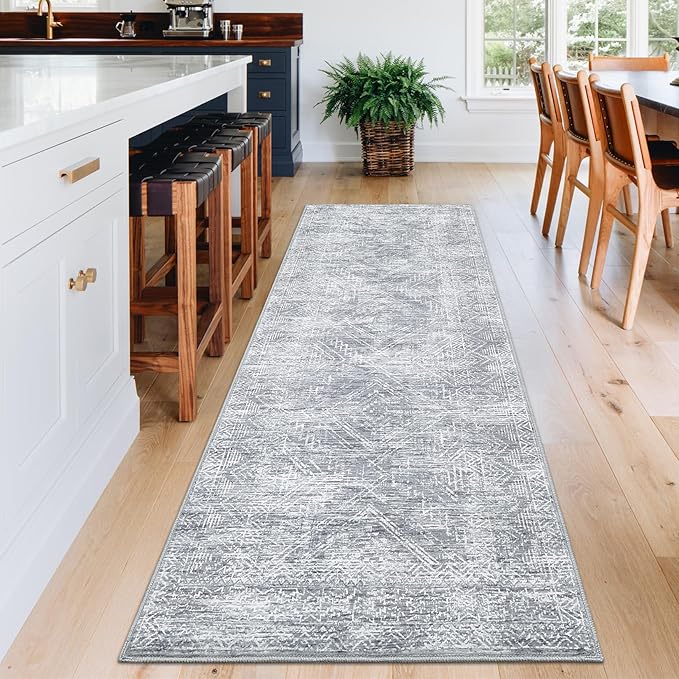 COZYLOOM 2x8 Runner Rug for Living Room, Kitchen Modern Washable Distressed Accent Carpet with Non-Slip Backing, Ultra-Soft Contemporary Geometric Floor Mat, Bedroom, Grey-CubbioJoy