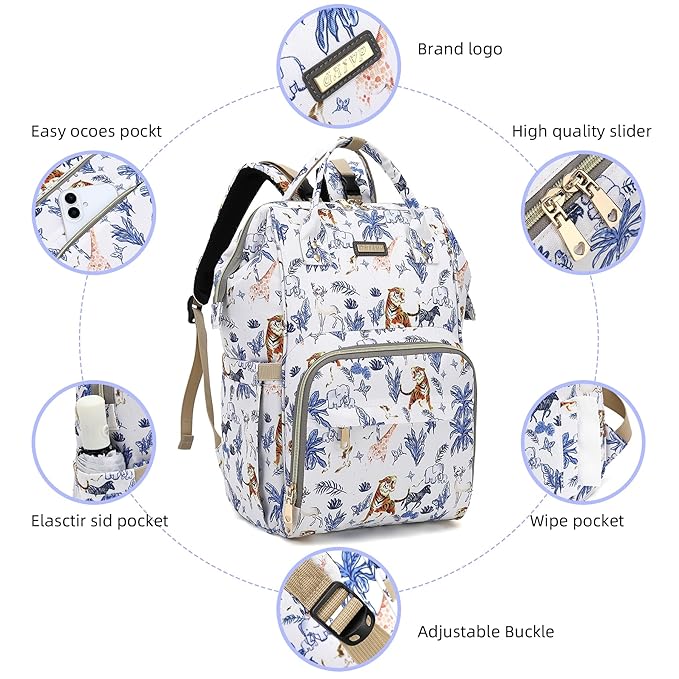 Diaper Bag Backpack, Diaper Bags for Baby Girls Boys, Baby Bags for Moms Dads, Nappy Changing Bag with Insulated Pockets,Multi-functional Waterproof Backpack with Stroller straps-Animal World White-CubbioJoy