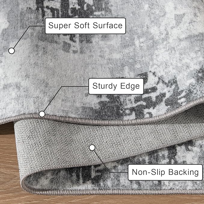 Kelarea Living Room Rug 4x6 Grey Area Rug Machine Washable Rugs, Non Slip Abstract Vintage Indoor Carpet for Bedroom, Nursery, Classroom, Dining Room, Home Office-CubbioJoy