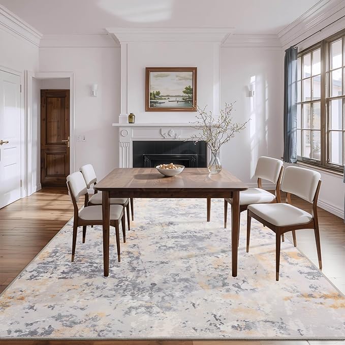 8x10 Grey Area Washable Rugs for Living Room, Abstract Modern Non Slip Bedroom Rugs, Neutral Large Low Pile Carpet Stain Resistant for Dining Room, Kids Playroom, Office-CubbioJoy