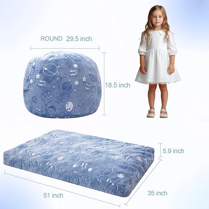 COMAX Kids Bean Bag Chair Turn into Beanbag Bed, Unicorn Toddler Bean Chair for Girl Boy Sleeping, Lazy Children Sofa Couch with Filler, Convertible Child Floor Mattress, Glowing Space-CubbioJoy