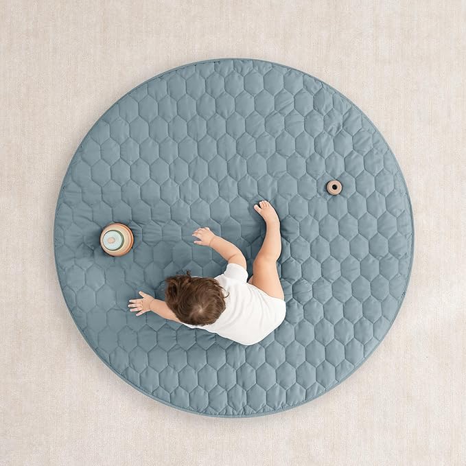Comfy Cubs Round Kids Play Mat - Medium 48 inches Soft Quilted Baby Floor Mat with Non-Slip Bottom - Plush Design for Toddlers' Playtime and Relaxation - Comfortable and Durable - Pacific Blue-CubbioJoy